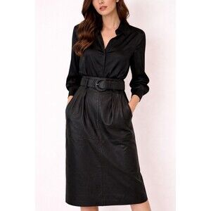 Vintage Black Leather Pencil Skirt High Waist Belted Midi Luxe Minimalist Size M